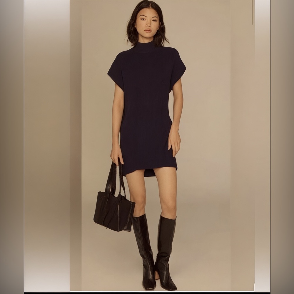 Anthropologie Navy Ribbed Mock Neck Sweater Dress Size S $158 NWT